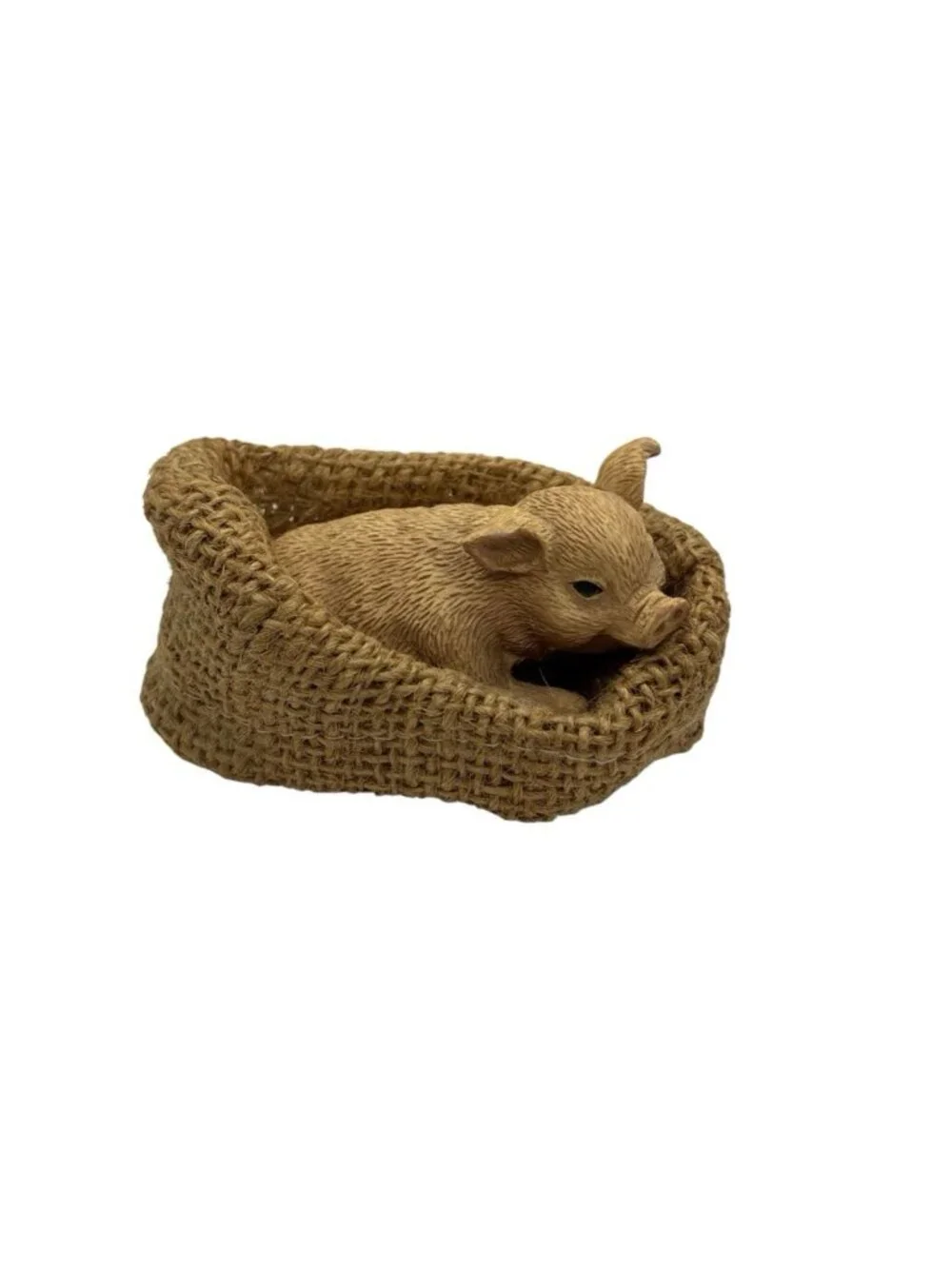 Resin Piglet in Burlap Basket Farmhouse Country Decor Figurine Pig Sculpture